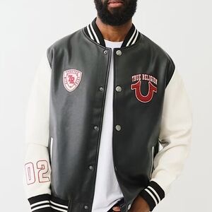 True Religion Black and White Bomber Varsity Jacket